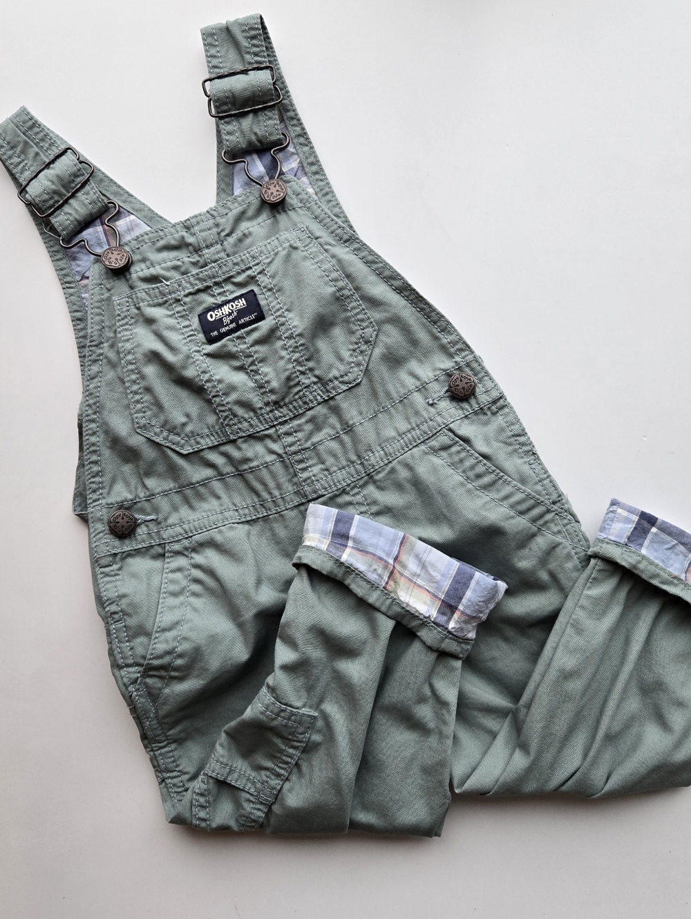 OshKosh B'gosh Green Cotton Overalls Pastel Plaid Cuffs 2t